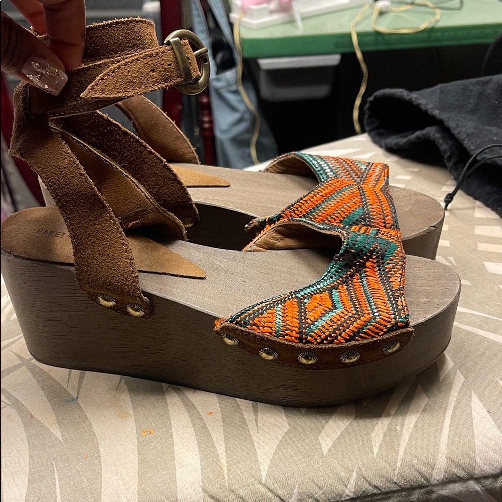 Brown and Orange Wedge Sandals